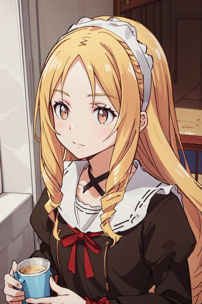 The image shows a young woman with long blond hair and brown eyes. She is wearing a black dress with a white collar and a red bow. She is also wearing a white apron and a headband. She is holding a cup of tea in her hands. She has a gentle smile on her face and she seems to be looking at something or someone with affection. The background is blurry, but it looks like there is a window behind her.