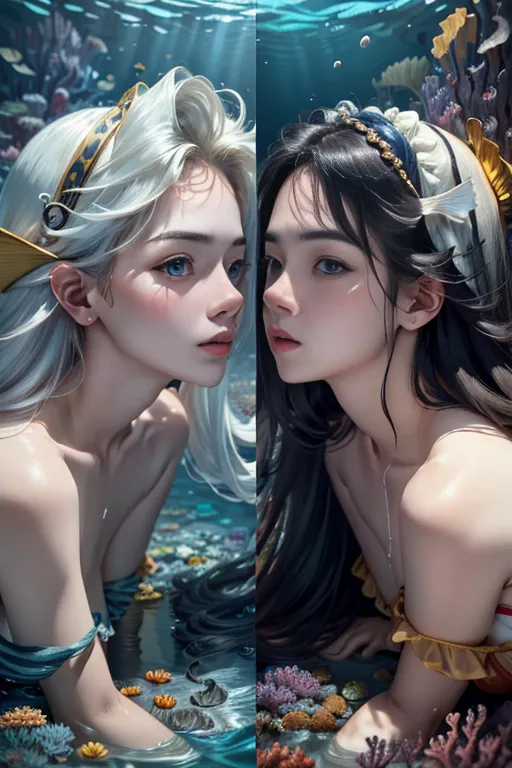 The image shows two mermaids, one with white hair and blue eyes, the other with black hair and blue eyes. They are both wearing golden headpieces and are looking at each other. They are in a blue-green watery background with coral and other aquatic plants around them.