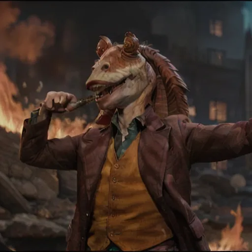 The image shows a character from the Star Wars universe, Jar Jar Binks, dressed in a suit similar to that of the Joker, a character from DC Comics. He is standing in a war zone, with fire and destruction all around him. He has a cigar in his mouth and is holding a cane.