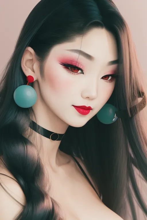 The image is a portrait of a young Asian woman. She has long, black hair, red eyeshadow, and red lipstick. She is wearing a black choker and large, green earrings. The background is a light pink color. The woman is looking at the viewer with her head tilted slightly to the right.