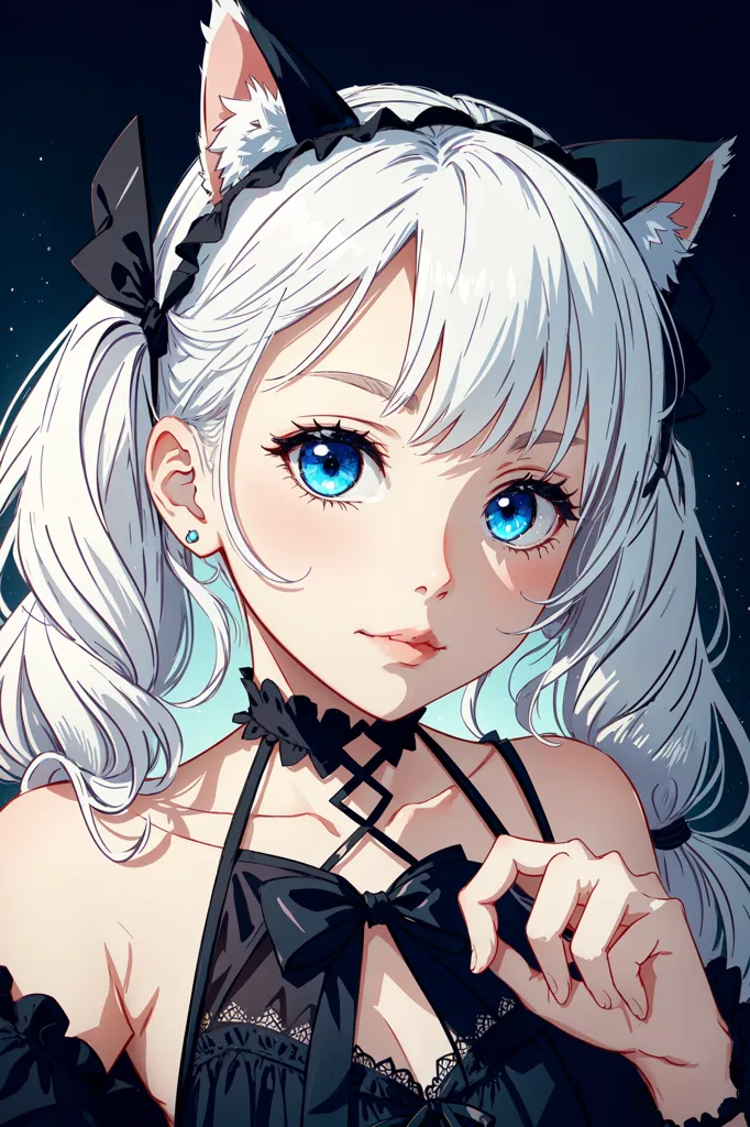 La imagen es una pintura digital de una mujer joven con orejas de gato. Tiene el cabello largo y blanco, y ojos azules. Lleva un vestido negro con cuello blanco. El vestido tiene un escote de corazón y está adornado con encaje. También lleva un collar negro con una cinta blanca en la parte delantera. Sus orejas están erguidas y tiene una expresión curiosa en su rostro. El fondo es de color azul oscuro con un cielo estrellado.