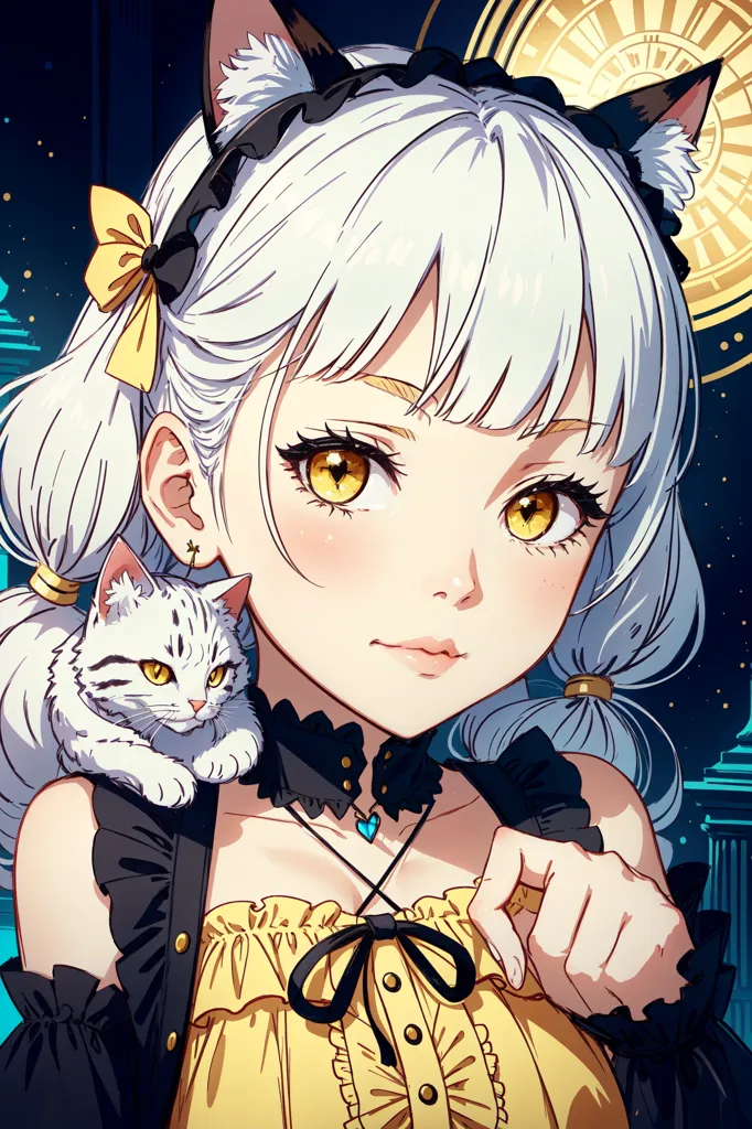 The image is of a young woman with cat ears and a cat on her shoulder. She has long white hair and yellow eyes. She is wearing a black and yellow dress with a white collar. She has a blue gem necklace and a yellow bow in her hair. The background is a dark blue with a clock tower in the distance.