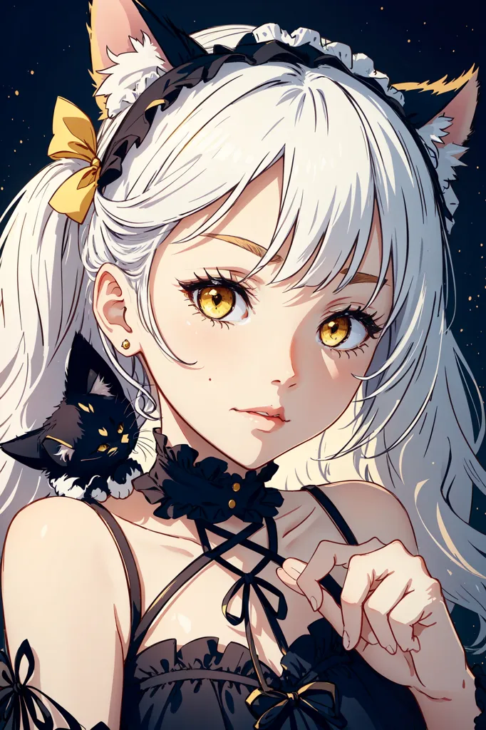 The image is of a beautiful anime girl with long white hair and cat ears. She is wearing a black and white maid outfit with a yellow bow in her hair. She has a black cat perched on her shoulder. The background is a starry night sky. The girl is looking at the viewer with a gentle smile on her face.