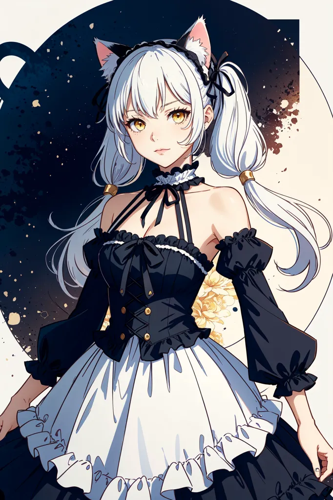 The image is of a young woman with long white hair and cat ears. She is wearing a black and white dress with a white collar and a black bow tie. The dress has a white apron with a black ribbon at the waist. She is also wearing black stockings and white shoes. She has a serious expression on her face and is looking at the viewer with her golden eyes. The background is a dark blue with a white circle in the middle.