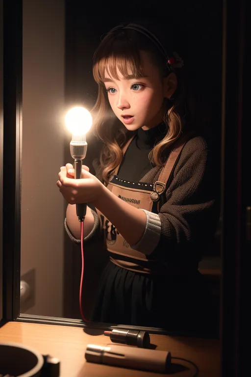 The image shows a young girl holding a light bulb. She is looking at the light bulb with wonder and curiosity. The light bulb is turned on and is emitting a bright light. The girl is wearing a brown sweater and a black skirt. She has a headband in her hair and her hair is falling over her shoulders. The background is dark and out of focus.