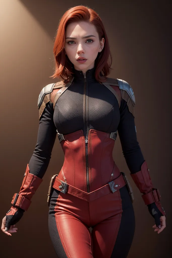 The image shows a woman wearing a black and red bodysuit. The bodysuit has a corset-like design in the front and is made of a shiny material. She is also wearing black boots and gloves. The woman has short red hair and green eyes. She is standing with her feet shoulder-width apart and her hands at her sides. She is looking at the viewer with a serious expression.