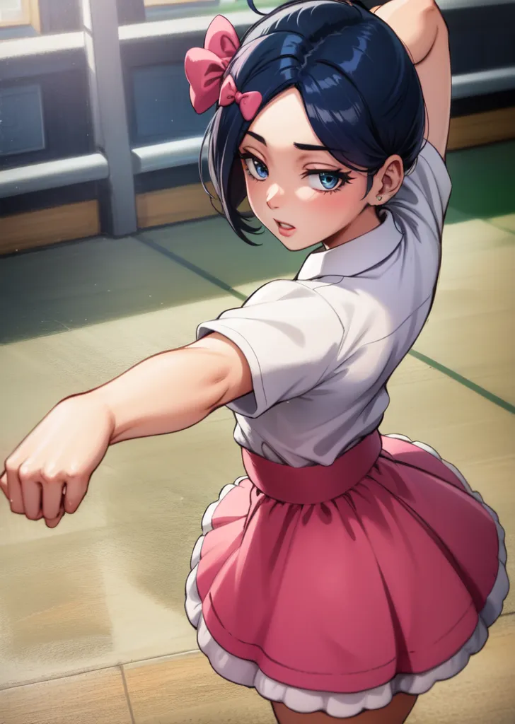 The image depicts a young girl with blue hair tied in a ponytail and a pink bow. She is wearing a white shirt, a pink skirt, and a white belt. She is standing in a fighting stance, with her left fist raised in front of her and her right arm extended backward. She has a determined expression on her face. The background is a blurred image of a gymnasium with wooden bleachers.