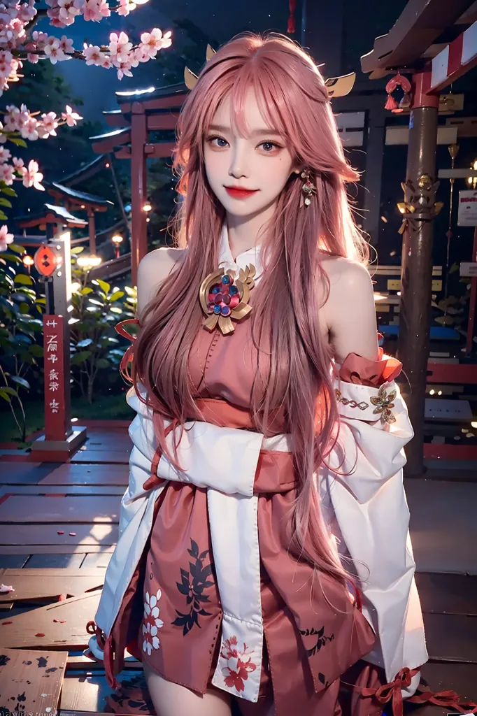 The image is of a young woman with pink hair and purple eyes. She is wearing a pink and white kimono with a white obi. The kimono has a floral pattern. She is also wearing a necklace and earrings. Her hair is long and straight. She is standing in a garden with a cherry blossom tree. The background is blurred.