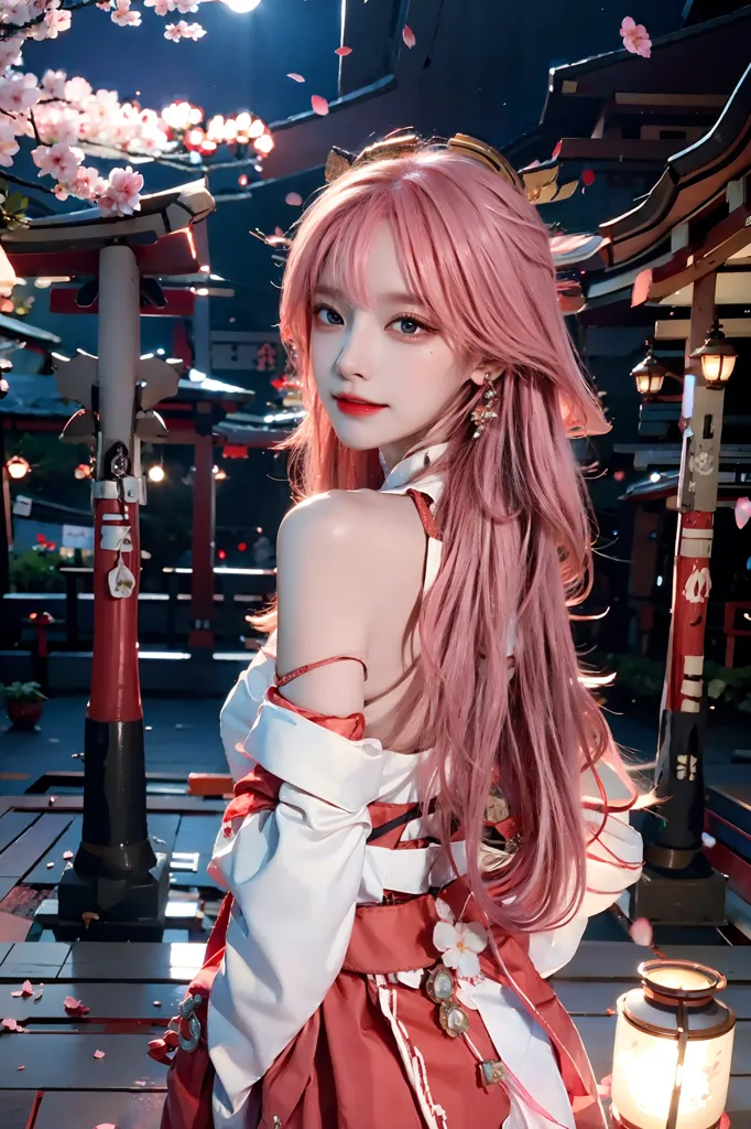 A imagem mostra uma bela mulher jovem com cabelos rosa e olhos azuis. Ela está usando um quimono tradicional japonês com um obi vermelho e branco. A mulher está em pé em um pátio cercado por flores de cerejeira. Há edifícios tradicionais japoneses ao fundo. O ambiente geral da imagem é de paz e tranquilidade.