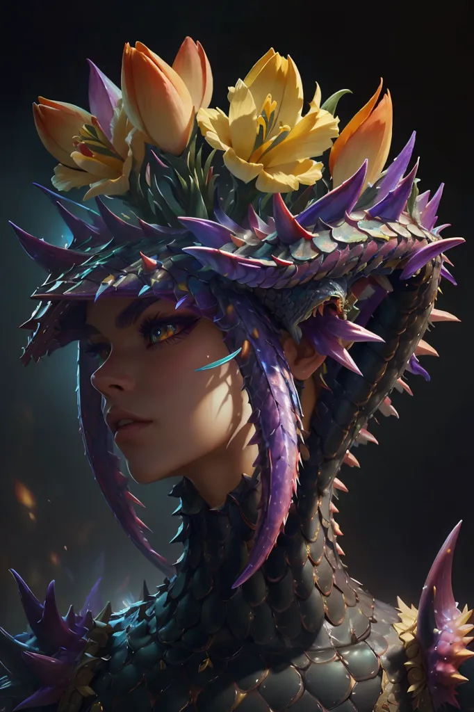 The image is a portrait of a woman with purple scales and yellow eyes. She is wearing a headdress made of yellow and orange flowers and green leaves. The headdress also has two snakes on it. The woman's hair is black and purple and she has a small green snake tattoo on her cheek. She is wearing a dark purple dress with a high collar. The background is dark grey.