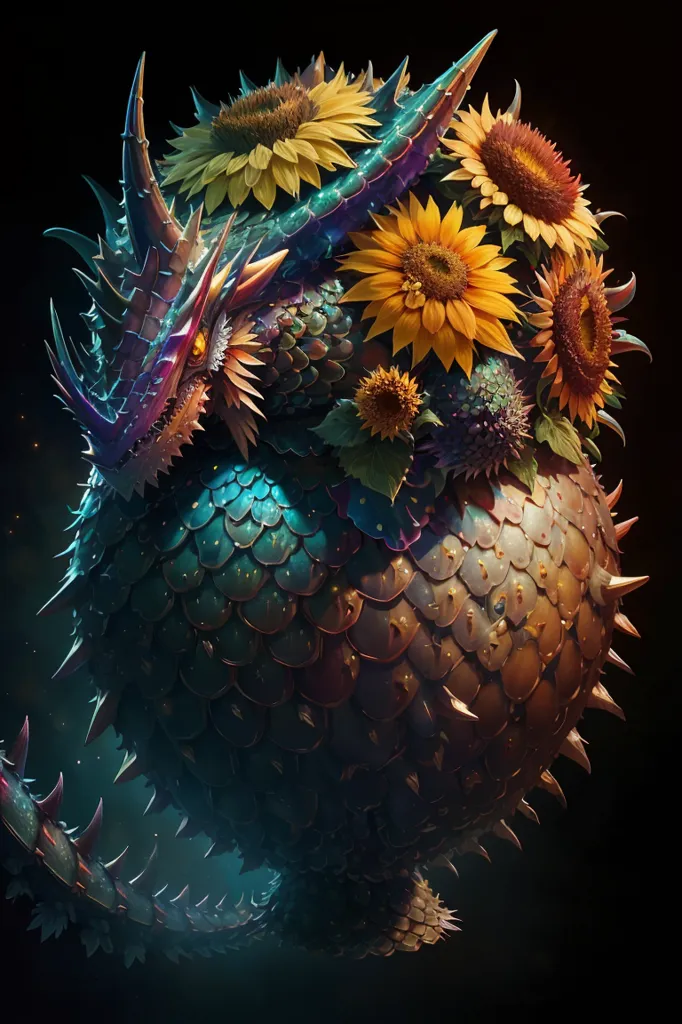 The image is a digital painting of a fantasy creature. It has the body of an armadillo, with a domed shell and sharp spikes protruding from its back and tail. The creature's head and neck are long and serpentine, with a frill of spikes around its neck. Its eyes are yellow and its mouth is open, exposing a row of sharp teeth. The creature is covered in flowers, including sunflowers, roses, and lilies. The background is a dark, starry night sky.