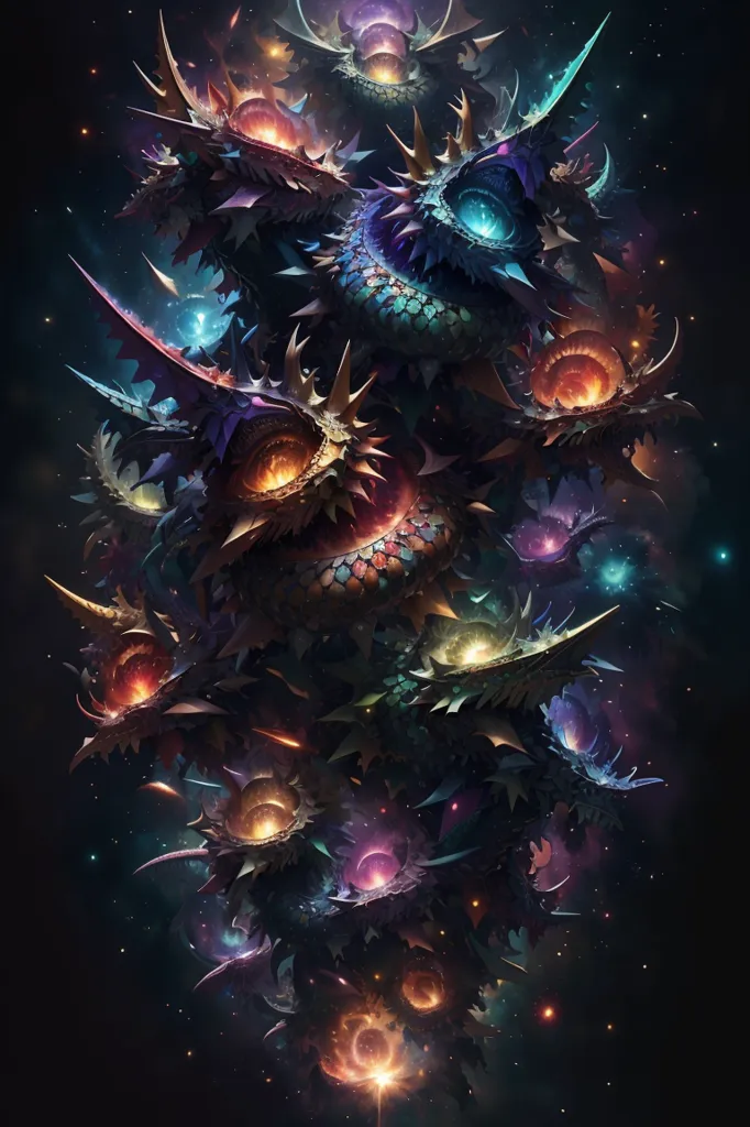 The image is a dark and mysterious space scene. There are a number of strange, alien-looking creatures floating in space. The creatures are all different shapes and sizes, but they all have one thing in common: they are all covered in sharp spikes. The creatures are arranged in a cluster, and they seem to be moving towards something. In the background, there is a bright light. It is not clear what the light is, but it seems to be the source of the creatures' movement. The image is full of mystery and wonder, and it leaves the viewer wondering what is happening and what will happen next.