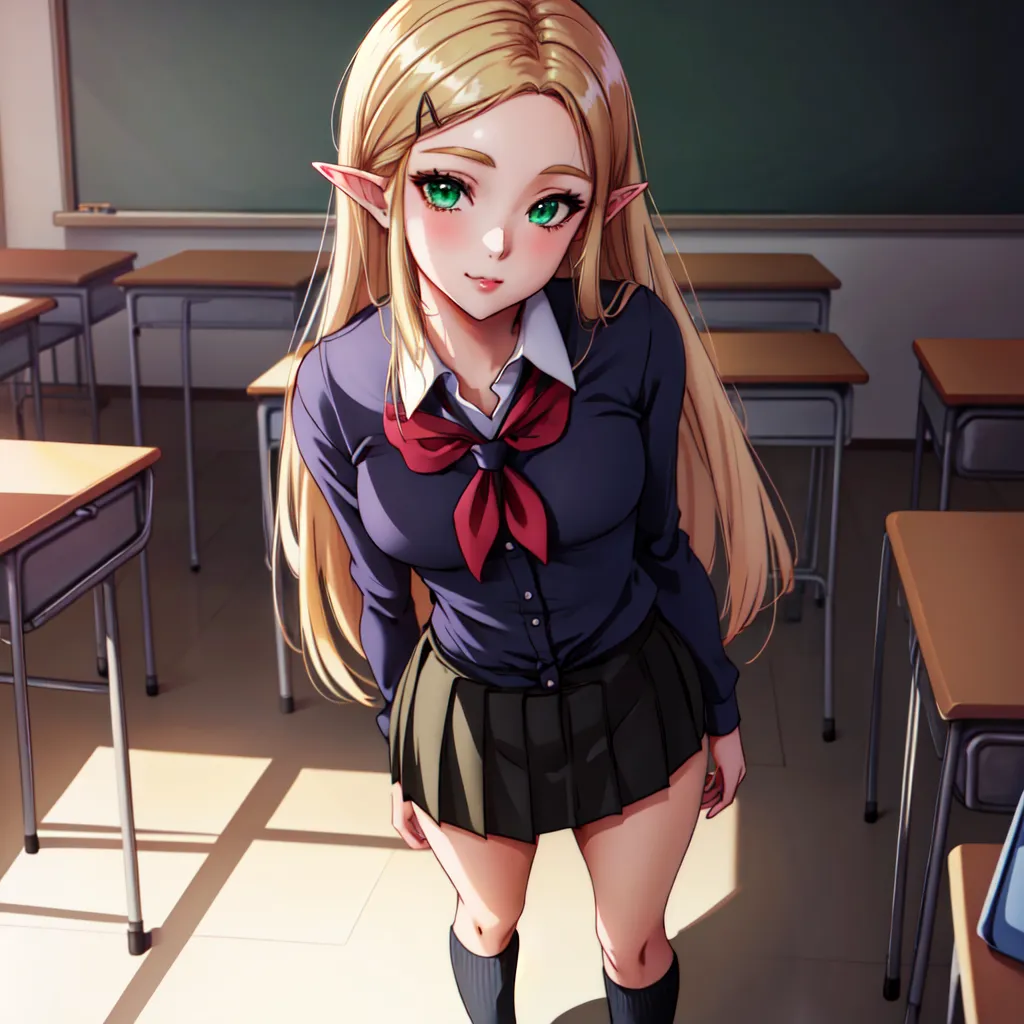 The image shows a young woman with long blonde hair and green eyes. She is wearing a white blouse, a red tie, and a gray skirt. She is standing in a classroom, and there are empty desks and chairs all around her. The light from the window is shining on her, and she has a gentle smile on her face. She is an elf, with pointy ears.