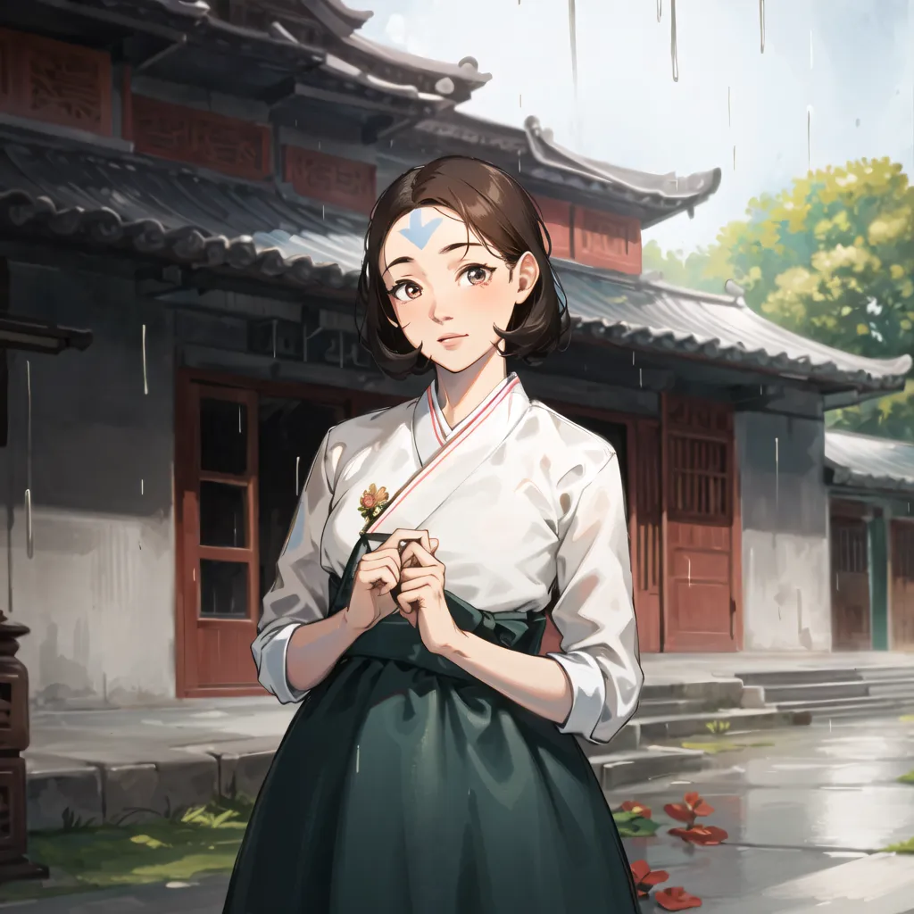 The picture shows a young woman wearing a hanbok, a traditional Korean dress. The hanbok is white and green, with a blue sash at the waist. The woman has long brown hair and brown eyes. She is standing in a courtyard, with a traditional Korean house in the background. It is raining lightly.