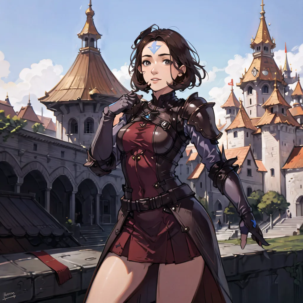 This is an image of a young woman standing on a stone wall in a medieval city. She is wearing a red and brown leather armor and has a confident expression on her face. She has brown hair and blue eyes and is looking at the viewer. The city is in the background and is made up of tall buildings and towers.