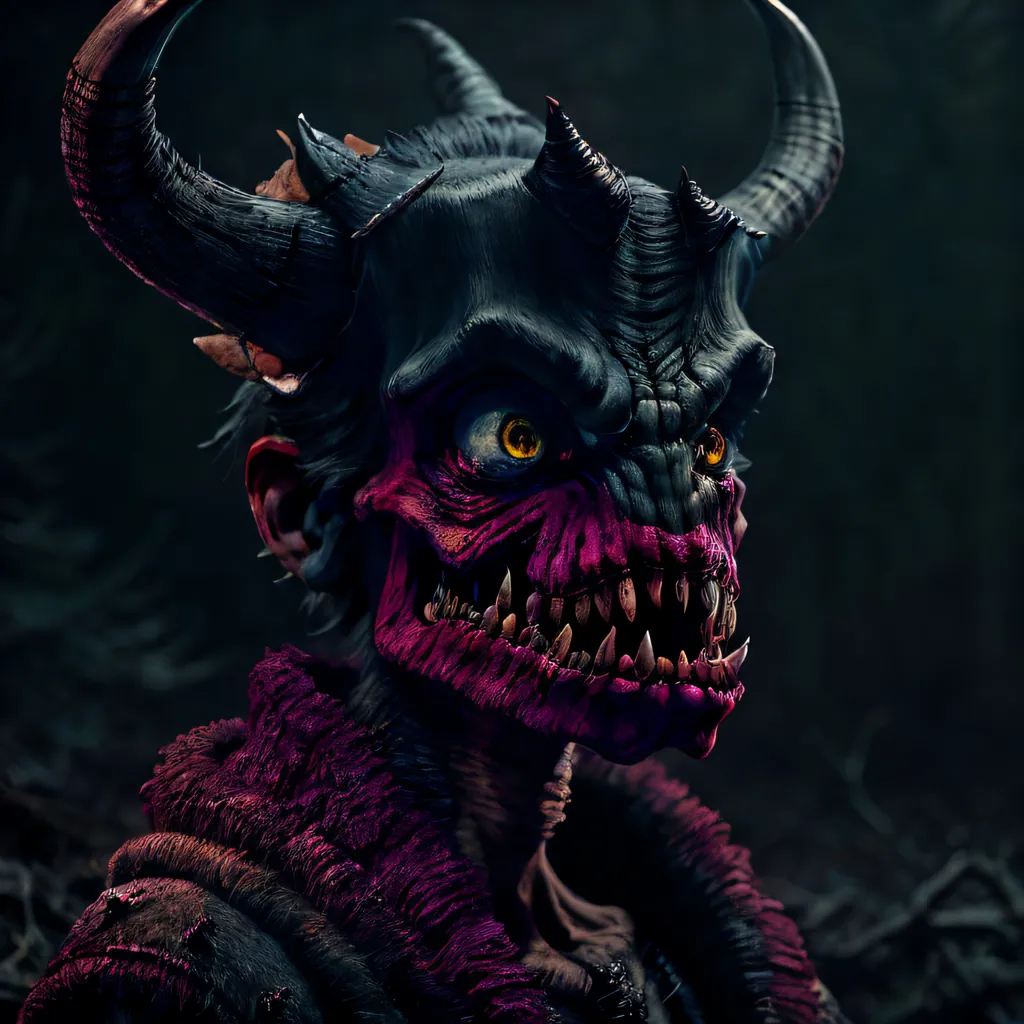 The image shows a dark creature with horns and sharp teeth. Its skin is a deep purple color, and its eyes are a bright yellow. It is wearing a dark purple robe, and its fur collar is a lighter shade of purple. The creature is standing in a dark forest, and the only light comes from a few small moonbeams shining through the trees. The creature is looking at the viewer with a menacing expression, and its teeth are bared.