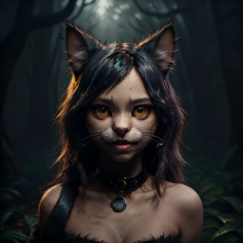 The image is a photo of a young woman with cat ears. She has long, dark hair and yellow eyes. She is wearing a black choker with a pendant. The background is a dark forest. The woman is looking at the camera with a serious expression.