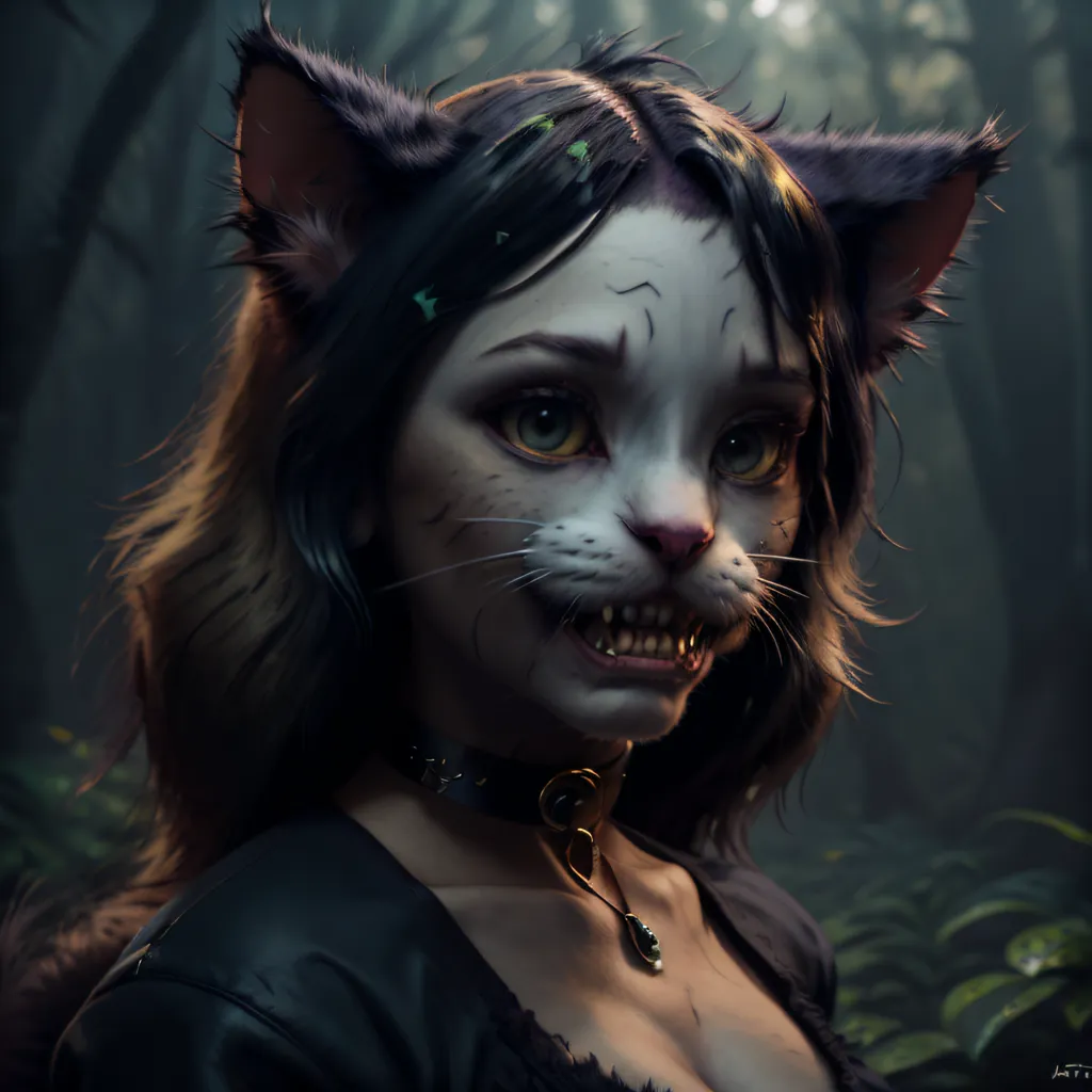 The image is a portrait of a cat-like creature with long, pointed ears and sharp teeth. It has green eyes and a wide, toothy grin. Its fur is black and gray, and it is wearing a black collar with a pendant. The background is a dark forest.