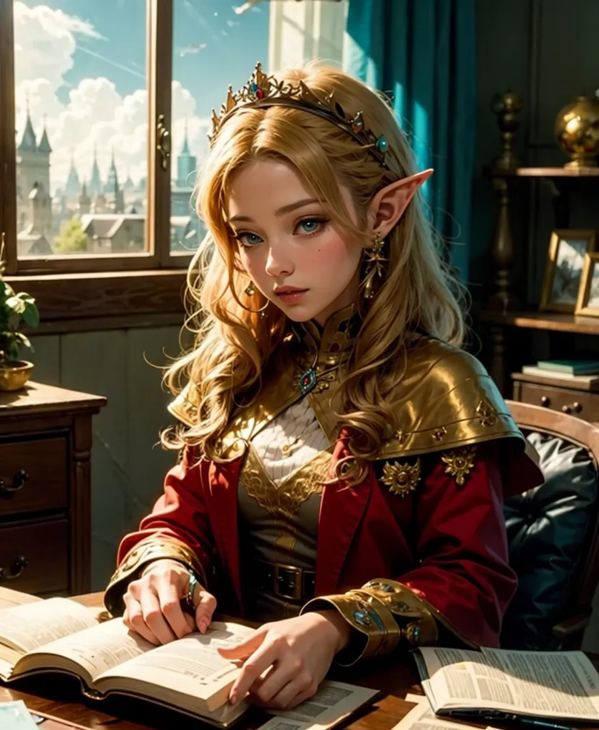 The image is of a beautiful, young, elven woman with long, wavy, blonde hair sitting at a desk, reading a book. She is wearing a red and gold outfit with a white blouse and a gold crown. There is a quill in her right hand and an open book in front of her. She has a thoughtful expression on her face. The background is a window with a view of a city.