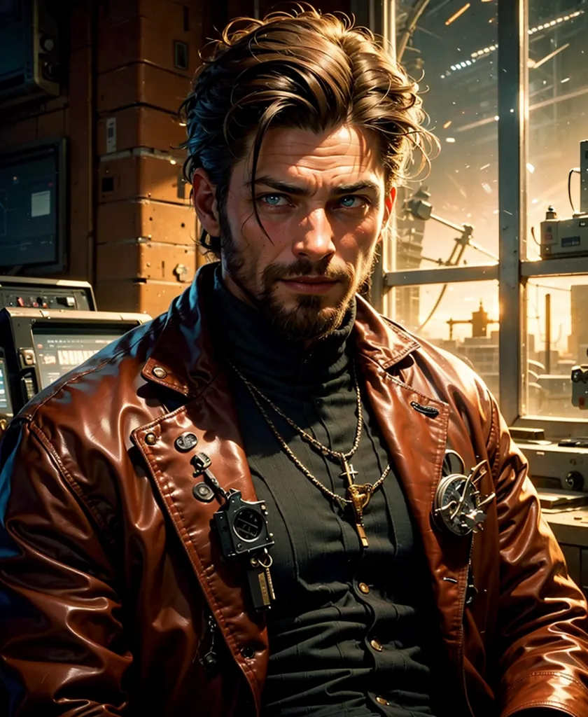 This image shows a man with medium-long brown hair and blue eyes. He has a beard and mustache. He is wearing a brown leather jacket with a black turtleneck sweater underneath. He has a silver cross necklace and a silver chain with a pendant. He is also wearing a utility belt with a radio and other gadgets. He is standing in front of a window with a futuristic city in the background.