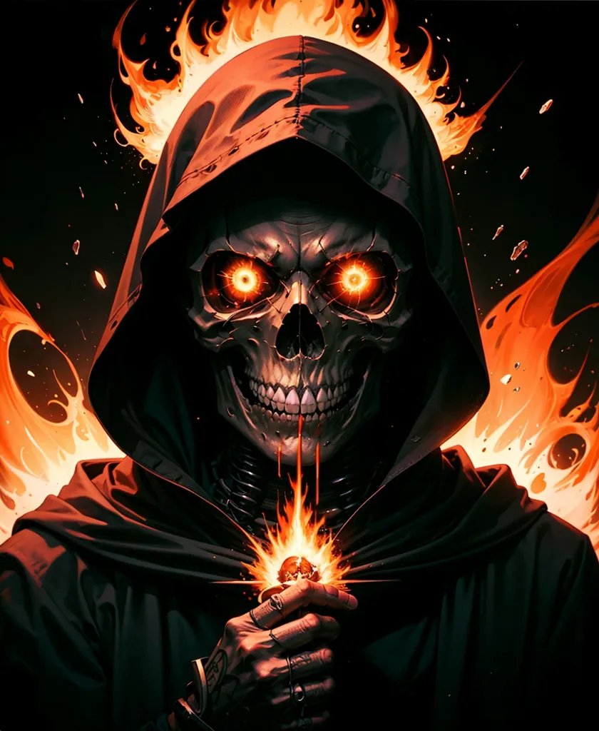 The image is a dark and menacing portrait of a skull wearing a black hood. The skull's eyes are glowing white, and its mouth is slightly open, as if it is about to speak. The hood is pulled back to reveal the skull's face, which is covered in a dark, metallic substance. The skull is also surrounded by a dark, fiery aura.