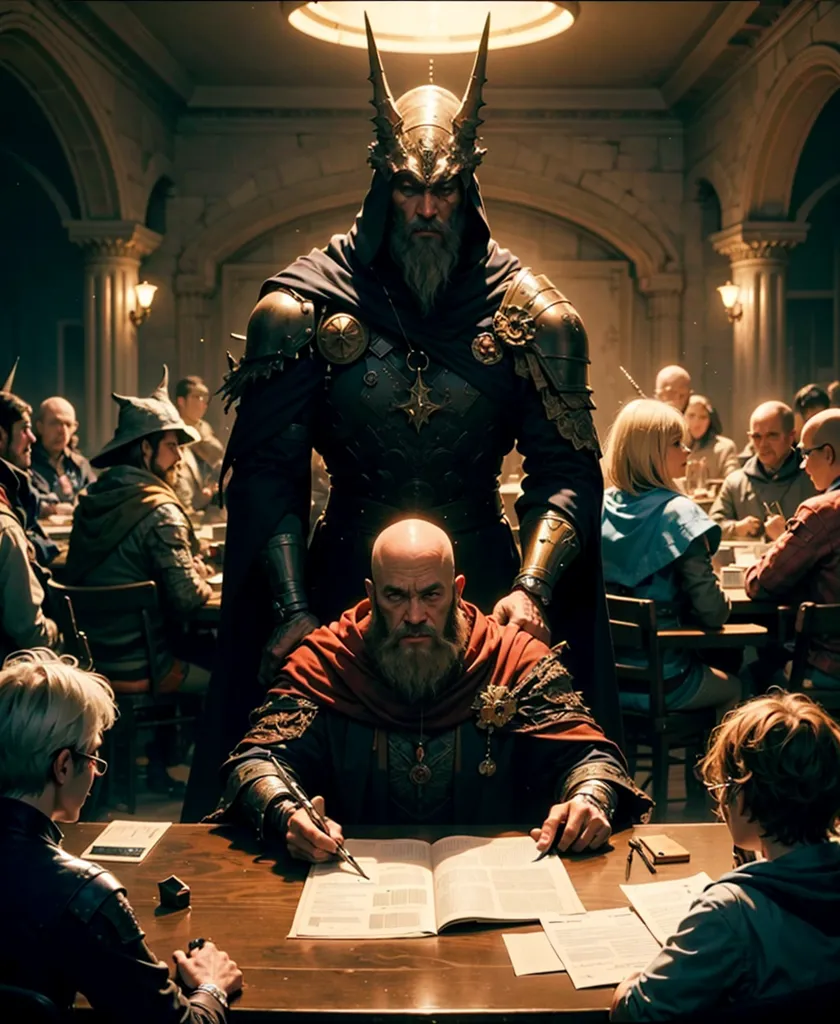 The image shows a group of people in a medieval setting. They are gathered around a table, and some are sitting on benches. At the head of the table is a man in a red robe, writing in a book. He has a long white beard and a bald head. He is wearing a red robe with a white collar. Next to him is a man in black armor. He is wearing a helmet with horns and has a long black beard. He is standing with one hand on the shoulder of the man in the red robe. The other people at the table are all wearing different types of medieval clothing. They are all looking at the man in the red robe.