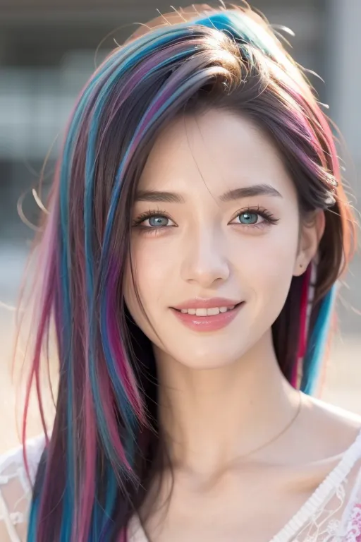 The image shows a young woman with long, dark hair. The hair is styled with blue and purple highlights. The woman has fair skin and blue eyes. She is wearing a white dress with a lace overlay. The woman is smiling and looking at the camera. She is standing in a soft, warm light. The background is blurred and out of focus.