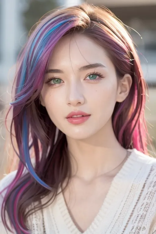 La imagen muestra a una mujer joven con el cabello largo y ondulado. El cabello es una mezcla de marrón, azul y morado. La mujer tiene ojos verdes y una tez clara. Lleva puesto un suéter blanco. El fondo está desenfocado, pero parece que hay árboles a lo lejos. La mujer mira a la cámara con una expresión suave.