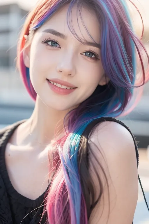 The image shows a young woman with long, multi-colored hair. The hair is a mix of blue, green, pink, and purple. The woman has fair skin and light blue eyes. She is wearing a black tank top. The woman is smiling and looking at the camera. She is standing in a bright, outdoor setting.