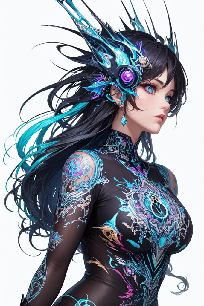 The image is a portrait of a young woman with long black hair and blue eyes. She is wearing a black bodysuit with blue and purple details. The bodysuit has a high collar and is sleeveless. The woman's hair is styled in a ponytail and she has a blue and purple headdress. She also has blue and purple markings on her face and neck. The background is white.