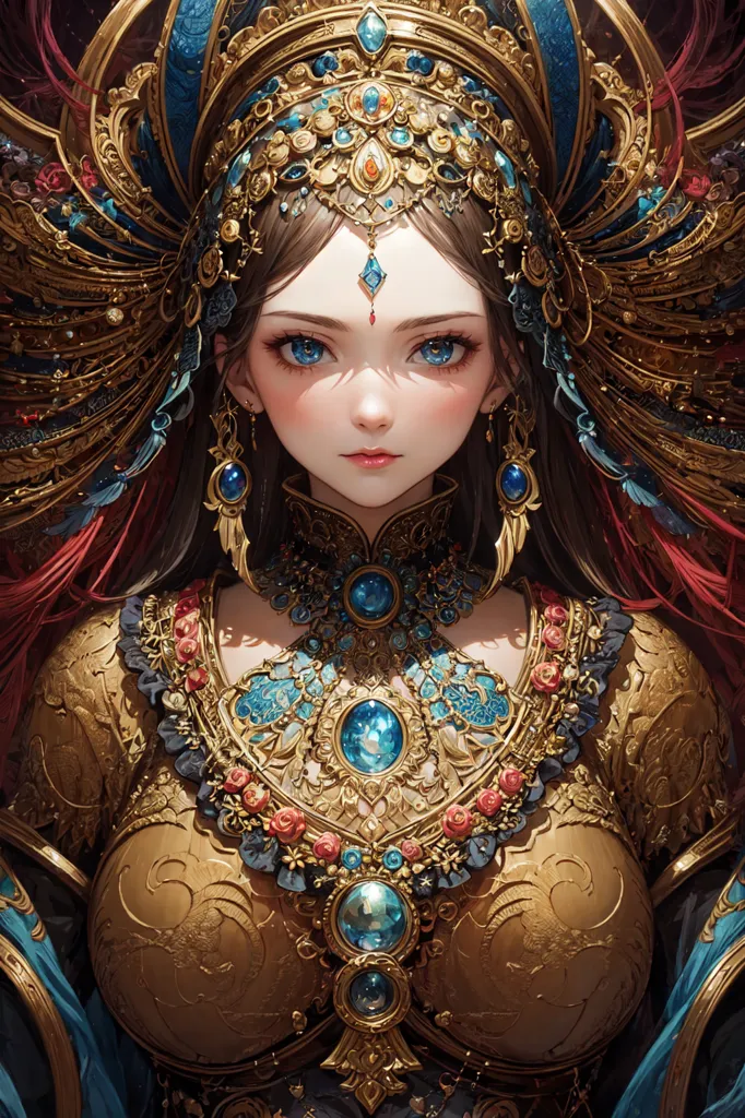 The image shows a beautiful woman with long brown hair and blue eyes. She is wearing a golden headdress and a golden necklace with blue gems. Her dress is also golden and has a lot of red and blue details. The background is dark blue with a golden glow around the woman.