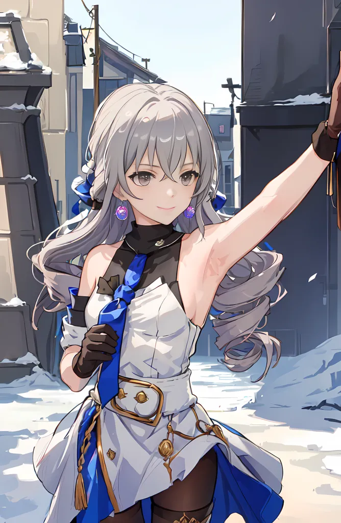 The image shows a young woman with long silver hair and purple eyes. She is wearing a white and blue dress with a blue ribbon in her hair. She is standing in a snowy street with a happy expression on her face.