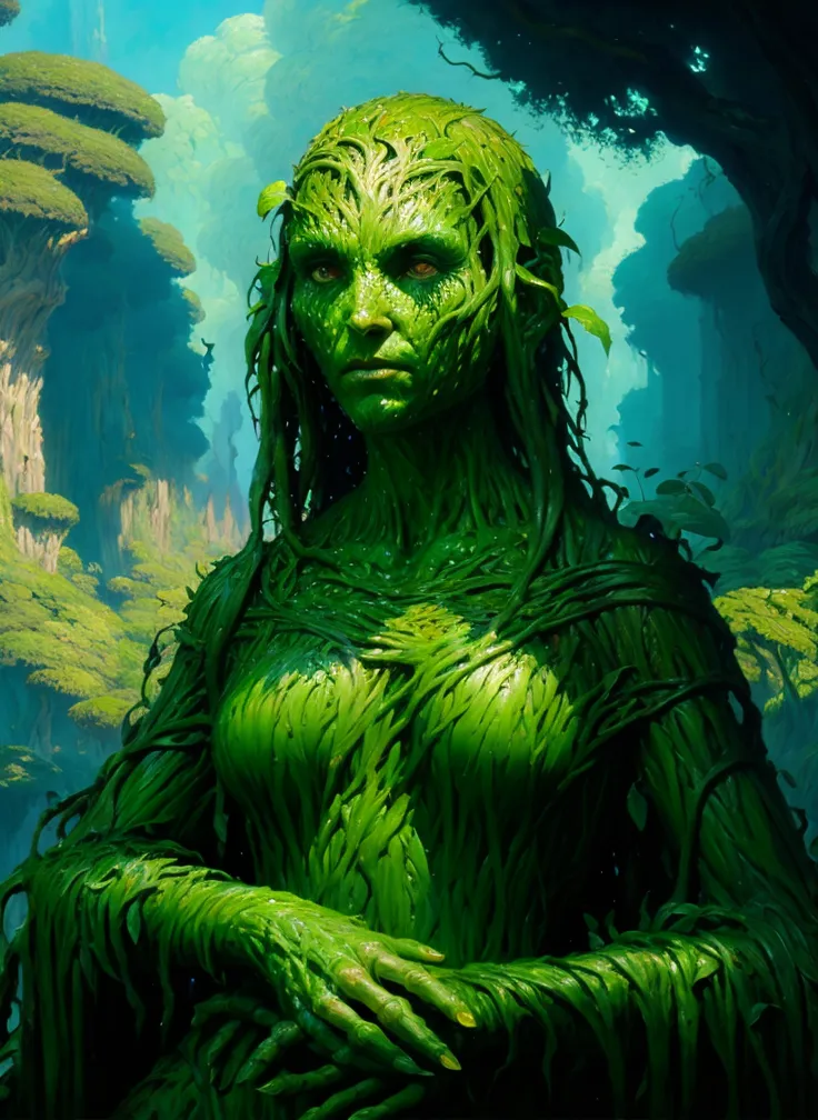 This image is a depiction of a forest spirit or nymph. She is made of leaves, vines, and other plant material. The nymph is standing in a lush forest, with green trees and plants all around her. She is looking at the viewer with a serene expression on her face.