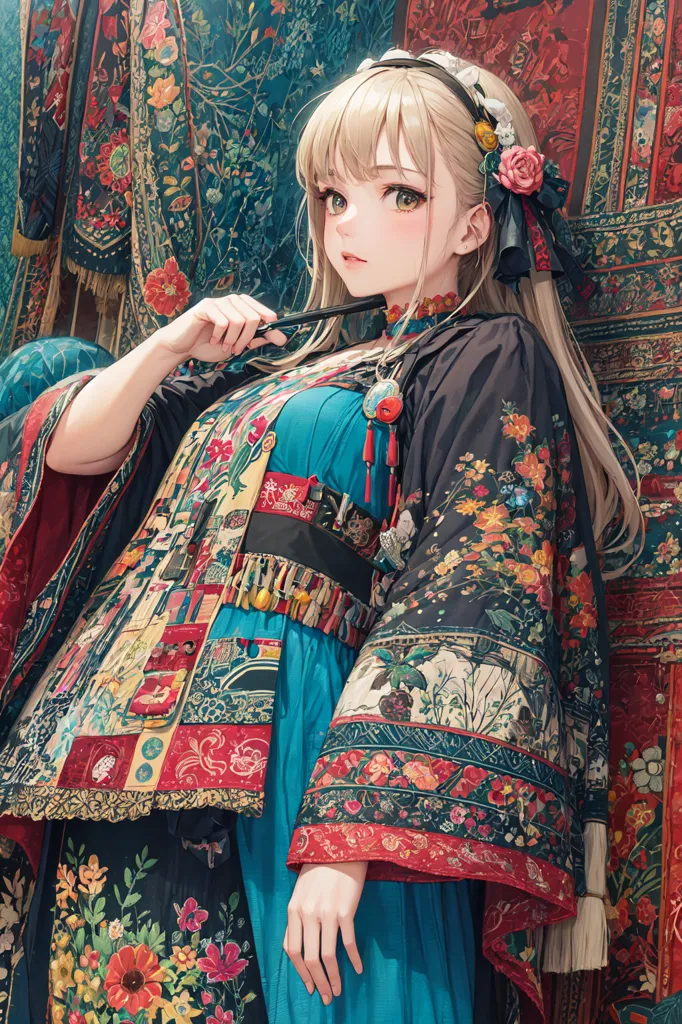 The image is a painting of a young woman in a blue dress with long blond hair. She is wearing a traditional Chinese headdress and is holding a brush in her right hand. The background is a dark blue with a floral pattern.