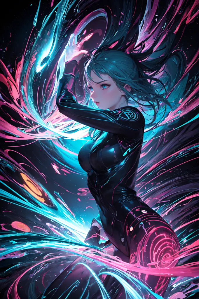 A woman with long blue hair is standing in a dark space. She is wearing a black bodysuit with blue and pink highlights. She has a determined expression on her face and is holding a glowing blue sword. The background is filled with swirling blue and pink energy.