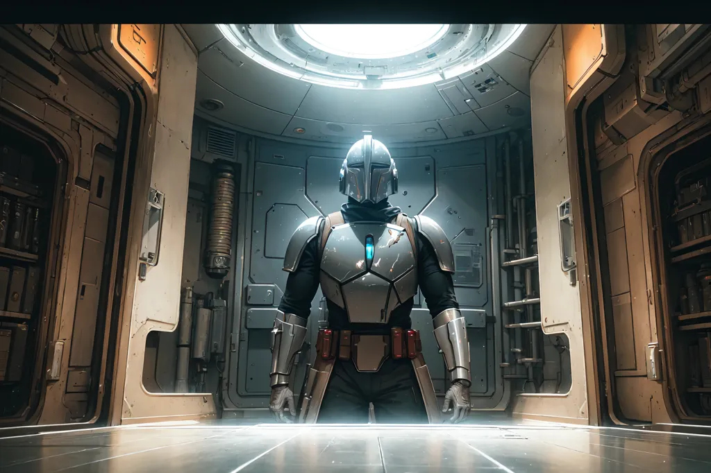 The image shows a tall, imposing figure standing in a futuristic room. The figure is wearing a suit of gleaming silver armor, complete with a helmet that conceals his face. A blue light shines from the center of the helmet, casting an eerie glow over the scene. The room itself is made of metal, with walls lined with strange machines and devices. The figure stands in the center of the room, his arms crossed in front of him. He looks like a warrior, ready for battle.