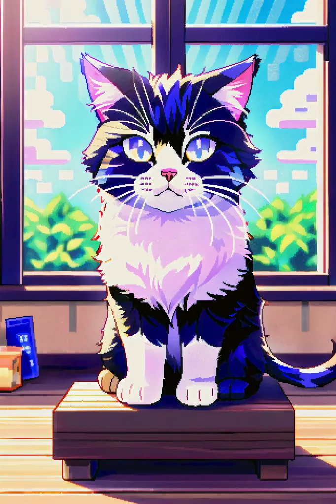 The image shows a cat sitting on a wooden box in front of a window. The cat has black, white, and gray fur, and blue eyes. It is looking at the viewer with a curious expression. The window is open, and there are green trees and a blue sky outside. The image has a pixelated, retro style.