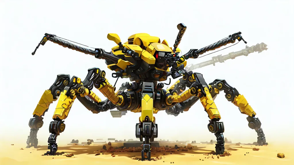 The image depicts a yellow mechanical spider-like creature. It has eight legs, each with three joints. The body of the creature is also segmented, with a large, central eye and two smaller eyes on the front of its head. The creature is standing on a sandy surface, and there is a large amount of debris scattered around it.