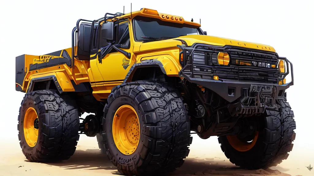 The image is a digital painting of a yellow monster truck. The truck is viewed from a low angle, and its large tires and aggressive stance are emphasized. The truck is painted in a bright yellow color, and its body is covered in decals. The truck has a large grille and a roof rack, and it is equipped with a number of off-road accessories. The background of the image is a desert landscape, and the truck is parked on a dirt road.