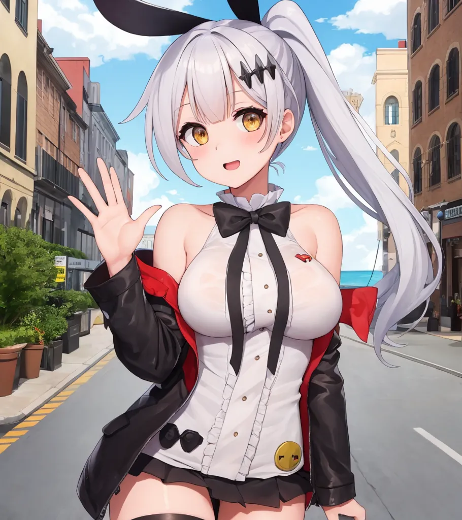 The image is of a young woman with white hair and yellow eyes. She is wearing a black jacket, a white blouse, and a red bow tie. She also has a black skirt and black stockings. She is standing on a city street and is waving at the viewer. There are buildings and a blue sky in the background.