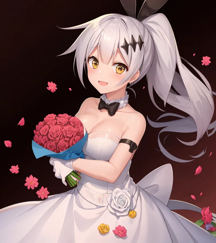 The image is of a young woman with long white hair and yellow eyes. She is wearing a white wedding dress with a black bow around her neck and a bouquet of red roses in her hands. She is standing in front of a dark red background with a few pink and white flower petals falling around her.