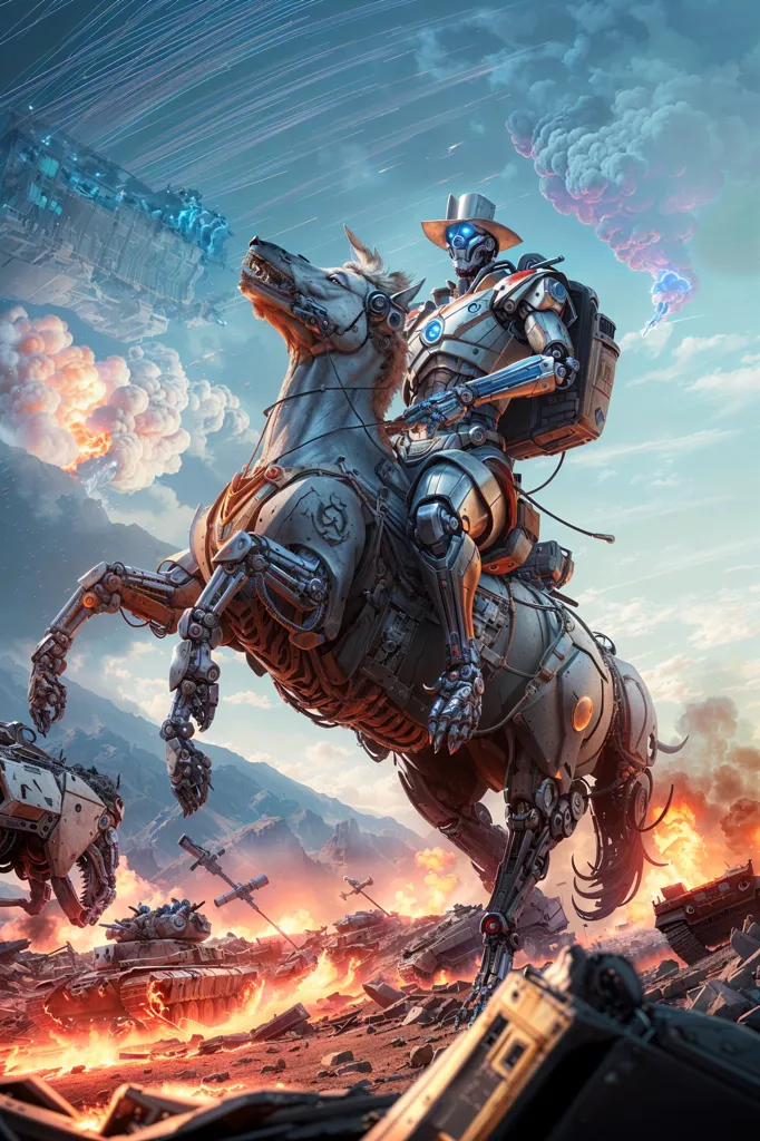 The image is a post-apocalyptic landscape with a cowboy robot riding a robotic horse. The robot cowboy is wearing a hat and a duster, and has a gun in his hand. The horse is made of metal and has a glowing eye. The background is a desert with mountains in the distance. There are destroyed tanks and other vehicles in the foreground. The image is full of action and detail.