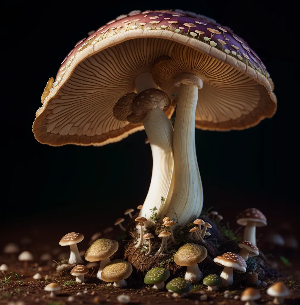 This is a photo of a large mushroom. The mushroom has a tall, thin stalk with a large, round cap. The cap is dark purple with white spots. The stalk is white with a ring of dark purple near the top. There are many small mushrooms growing around the base of the large mushroom. The small mushrooms are various shades of brown and tan. They have small, round caps and thin stalks. The mushrooms are growing in a dark, damp forest. The ground is covered with leaves and moss.