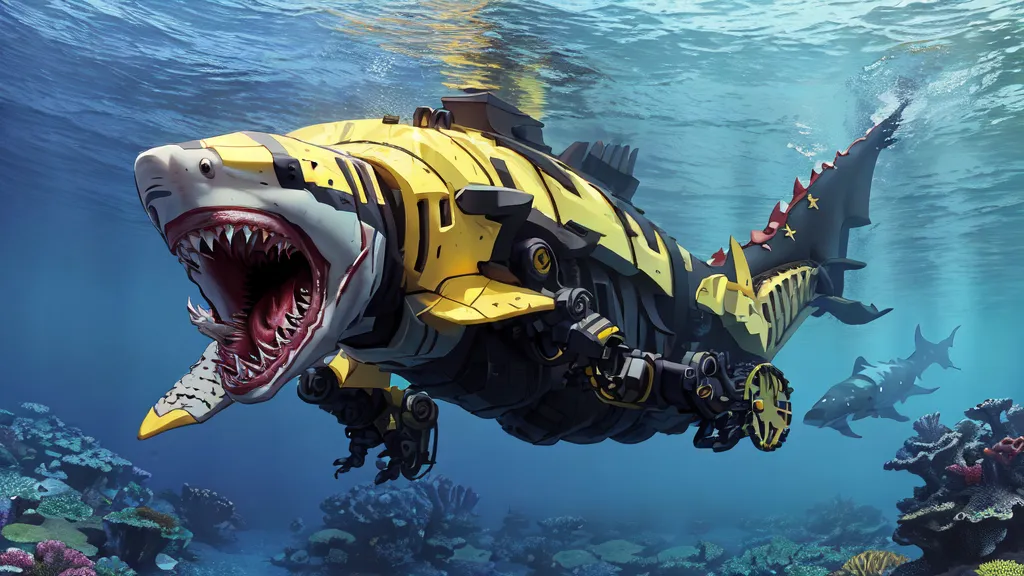 The image shows a robotic shark swimming in a deep ocean. The shark is yellow and black with a large mouth full of sharp teeth. It has a large dorsal fin and a long tail. The shark is surrounded by a school of smaller fish. The shark is also surrounded by several coral reefs.