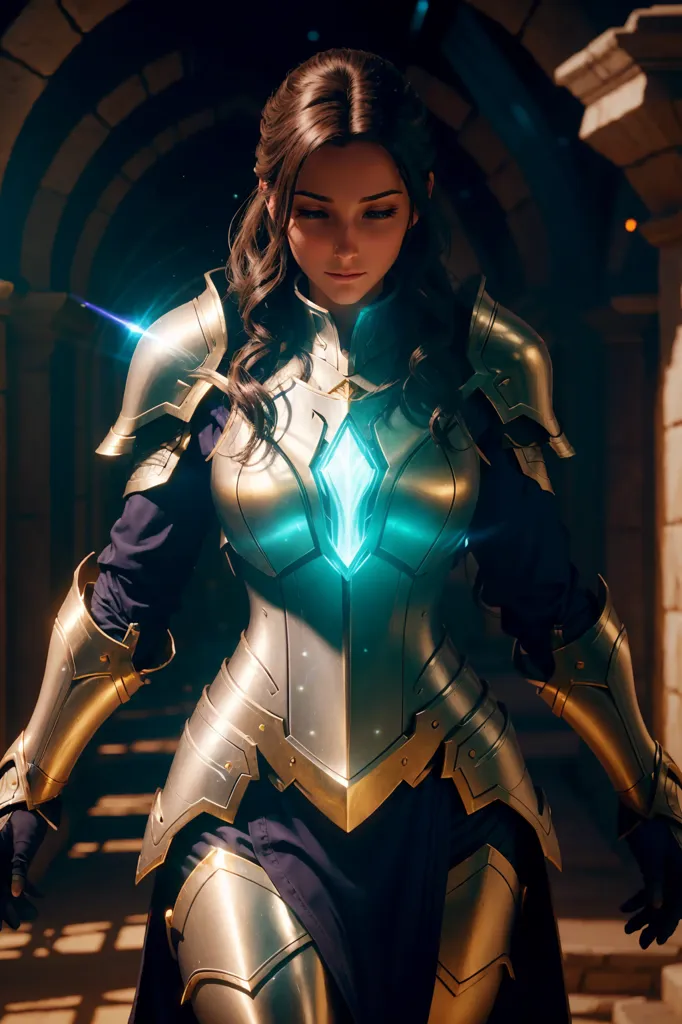 This is an image of a woman wearing silver and blue armor. The armor has a glowing blue crystal in the center of the chest plate. She has brown hair and blue eyes. She is standing in a dark place, possibly a dungeon or a castle.