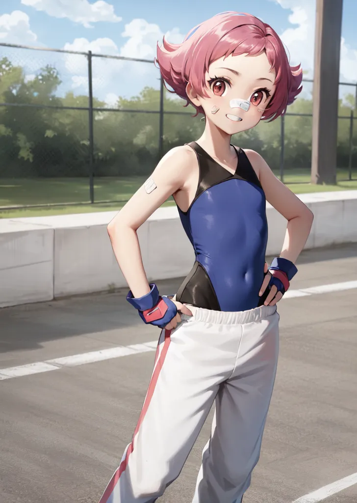 The image shows a young girl with pink hair and brown eyes. She is wearing a blue swimsuit and white pants. She has a bandage on her nose and is standing in a determined pose. The background is a running track with a fence and trees in the distance. The sky is blue with white clouds.