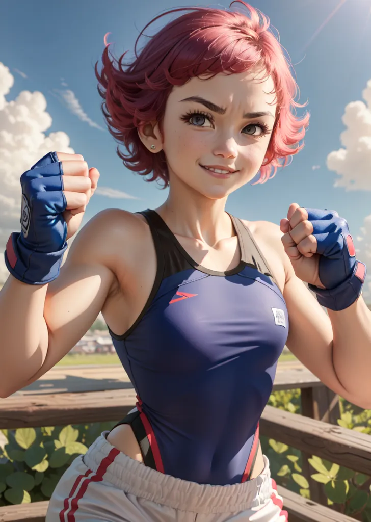 This is an image of a young woman in a blue and white swimsuit and boxing gloves. She has short red hair and is smiling. She is standing in a fighting stance. The background is a blue sky with white clouds.