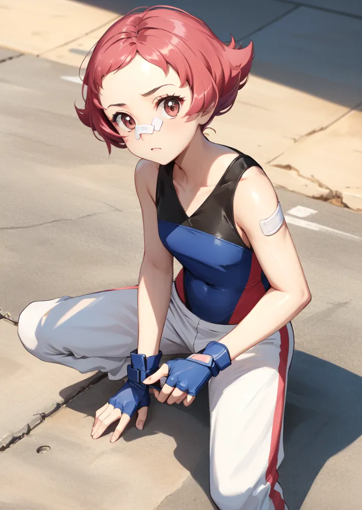 The image depicts a young girl with a determined expression on her face. She has short red hair and brown eyes, and is wearing a blue and red tank top with white pants. The girl is crouched down on the ground, with her hands resting on her knees. She has a bandage on her nose and a bandage on her left arm. The background is a blur of light and dark colors.