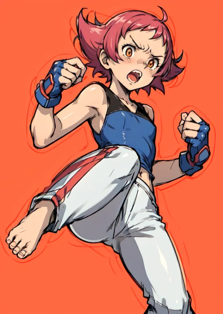 This is an illustration of a young girl in a fighting stance. She has short red hair and orange eyes. She is wearing a blue tank top and white pants. She is barefoot and has her fists raised in a blocking position. She is standing in a fighting stance and looks determined. The background is a solid orange color.