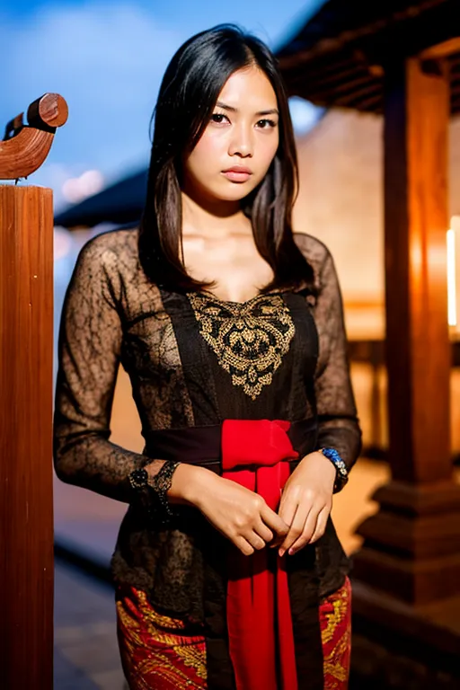 The image shows a young woman wearing a traditional Balinese outfit. She is wearing a black lace kebaya with a red sash and a red and gold patterned kain. She is also wearing a gold necklace and bracelet. Her hair is long and black and she is wearing makeup. She is standing in front of a wooden door with a blue background.